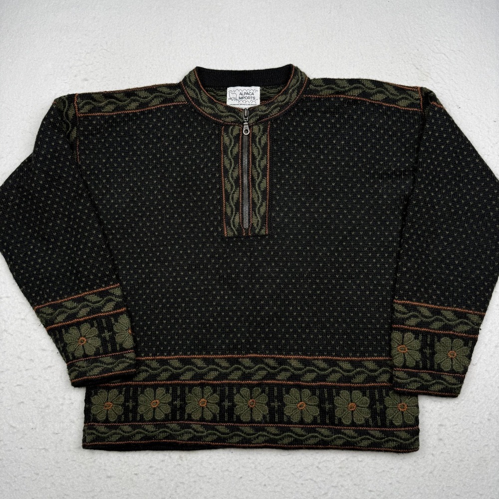Alpaca Imports Sweater Womens Medium Black 1/4 Zip Floral Alpaca Wool Knit